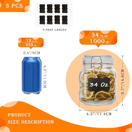 34oz Square Glass Food Storage Jars with Airtight Clamp Lids 3 Pack