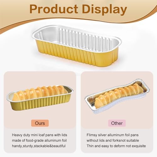 Mini Cake Pans with Lids and Spoons 200 Pack, Mini Loaf Pans with lids 6.8oz, Small Disposable Aluminum Foil Loaf Pans, Rectangular Baking Container for Party, Picnics and Housewarming (Gold)