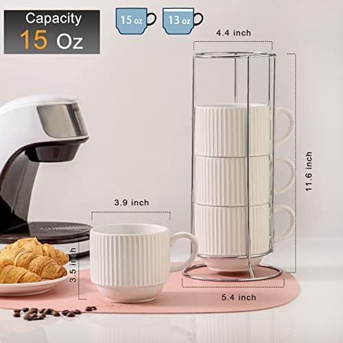HASENSE 15 oz Ribbed Stackable Coffee Mug Set of 4, Porcelain Latte Cups with Metal Rack, Dishwasher & Microwave Safe, Cappuccino Tea Hot Cocoa, White