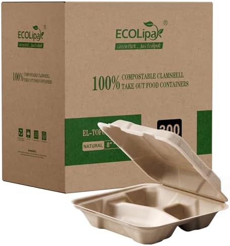 ECOLipak 300 Pack Compostable Take Out Food Containers 8 inch,3 Compartment