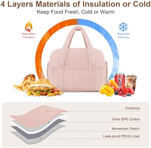 KUBYA Corduroy Lunch Box Lunch Bag for Women Men, Cute Strawberry Small Insulated Reusable Work Leakproof Simple Lunch Boxes Tote Bag Adults Cooler Bag