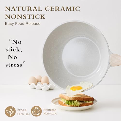 Kordisen Ceramic Wok Pan, 12 Inch Nonstick Wok with Lid, Healthy Non Toxic Woks & Stir-fry Pans for Cooking, Induction Cookware, PFOA & PFAS Free (Grey)