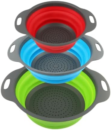 Collapsible Colander Set, 3 Pack Silicone Kitchen Strainer Set, Space Saving Design, Small Round Colander Baskets for Draining Pasta, Vegetable and fruit, (2Qt+3Qt+5Qt)