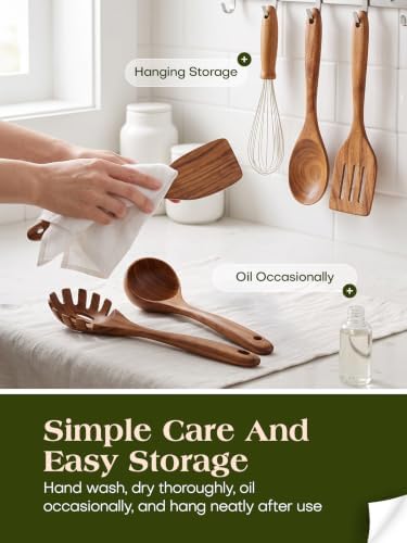 AIUHI Nonstick Wooden Utensil Set for Cooking, Handmade Smooth Finish Teak Wood Spoons Spatula Turner for Cooking and Kitchen Gifts (7Pcs)