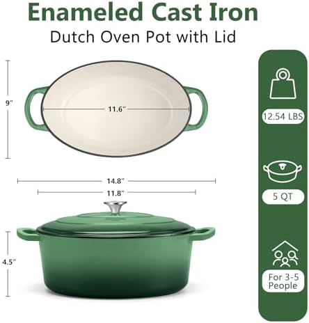 TeamFar Oval Dutch Oven, 5qt Enameled Cast Iron Dutch Oven Pot with Lid