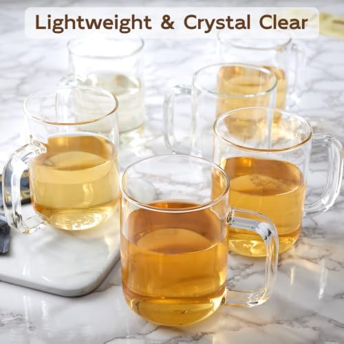 Glass Coffee Mugs, 24 oz Ice coffee cups, Large Clear Tea Cups Set of 6, Glass Mugs with Handles, Glass Cups for Latte, Cappuccino, and Tea