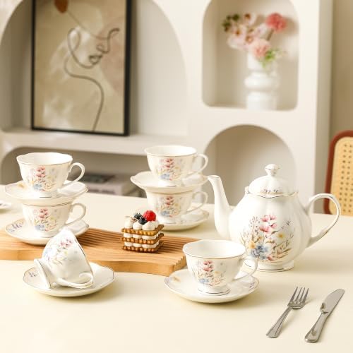 34oz Porcelain Floral Teapot, Classic Tea Gift with Gold Trim