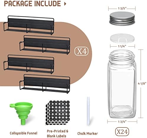 VITEVER Magnetic Spice Rack, 4 Pack, 24 Square Glass Jars with Lids, Quick-Find Pre-Printed Labels, Funnel, Space Saver, Refrigerator and Microwave Oven Organizer