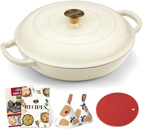 Overmont Enameled Cast Iron Dutch Oven - 3.8 QT Shallow Braiser with Recipe