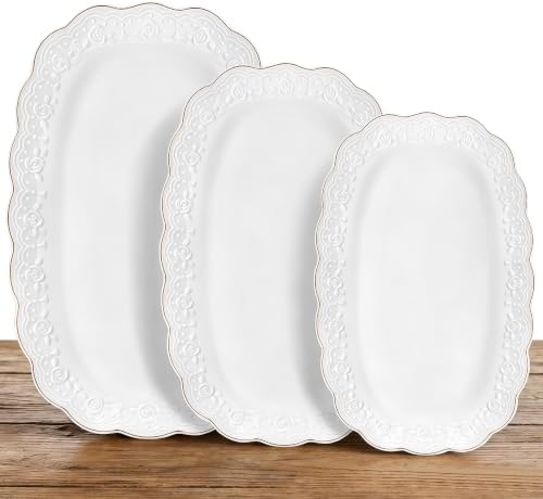 Kassel Ceramic Serving Platter Set | 16”/14”/12” Oval Serving Trays for Entertaining at Parties and Weddings | Oven Safe Extra Large Serving Trays for Tacos, Steak, and Cake