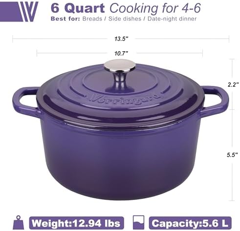 VORRINGARD Enameled Cast Iron Dutch Oven Pot with Lid, for Sourdough Bread Baking, Round Dutch Ovens, 6 Quart, Purple