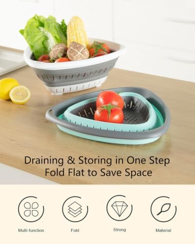 2-Pack Triangle Collapsible Silicone Colander Strainer, Foldable Kitchen Sink Basket for Washing Vegetables & Pasta, Space Saving & Dishwasher Safe, Kitchen Essentials (White and Blue)