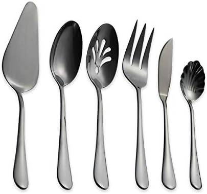 Berglander Stainless Steel Black Titanium Plated Flatware Serving Set 6 Pieces, 5 Serving Pieces of 45 Pieces Flatware With 1 Cake Server, Serving Silverware Set (Shiny Black)