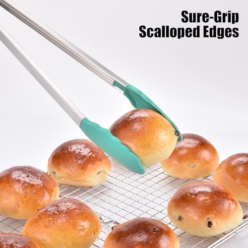 Doosu Kitchen Tongs with Silicone Tips for Cooking Serving (16in, Aqua Sky)