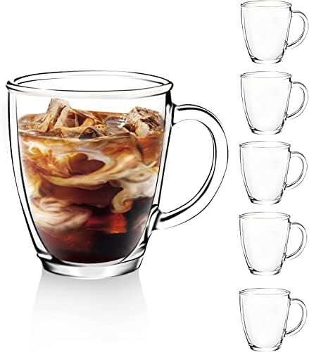 D.M DESIGN·MASTER [6 Pack,12 OZ] - Premium Glass Coffee Mugs with Handle, Transparent Tea Glasses for Hot/Cold Beverages, Perfect for Americano, Latte or Macchiato, Beverage.