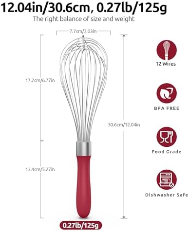 U-Taste Wire Whisk for Cooking, 18/10 Stainless Steel Balloon Wisk, L/Red