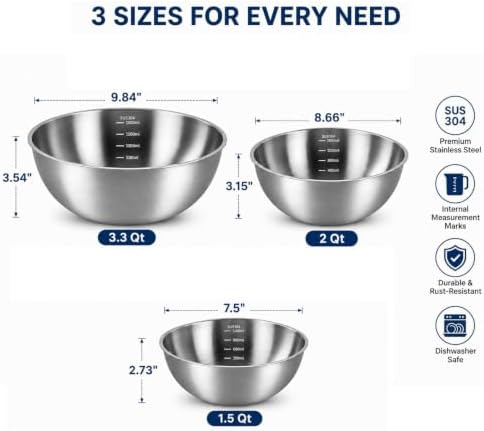 Stainless Steel Mixing Bowls Set of 3 - 9.84", 8.66" & 7.5" Metal Mixing Bowls, 3.3 Qt, 2 Qt & 1.5 Qt Stainless Steel Salad Bowls, Durable 304 Stainless Steel Bowl for Kitchen, Baking, and Meal Prep