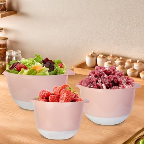 3 Small Mixing Bowls Set with Lids,Grips,Pour Spout and TPR Bottom, Plastic Nesting Bowl Use for Kitchen Cooking-Prep,Serving,Baking Bread Cake,Pancake,Non-slip,3Qt,2Qt,1.5Qt,Pink