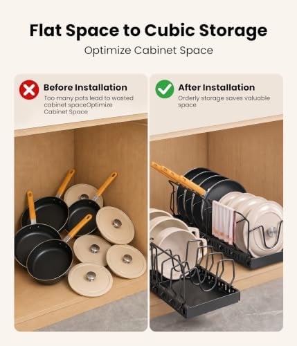 Pots and Pans Organizer Under Cabinet, 10 Dividers Pull Out Lid Organizer