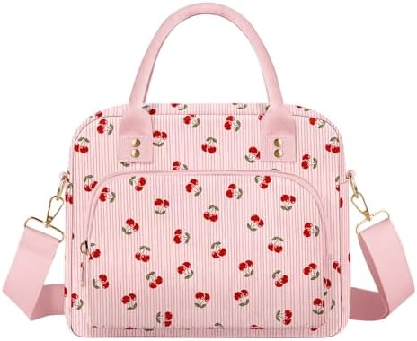 Lunch Bag Large Insulated Lunch Box for Women Adult Cute Pink Strawberry Lunchbox Corduroy Lunch Bags Boxes Pail with Shoulder Strap for Work Mom Picnic Office Travel 11.4×6.8×9.1 inches 11.5L