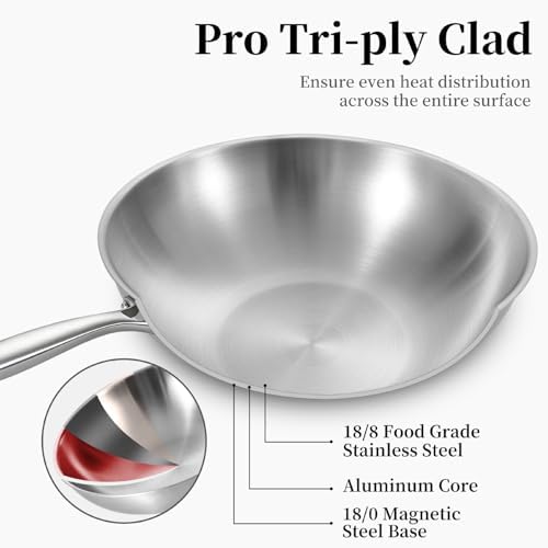 Inqibee 10 Inch Stainless Steel Wok Pan with Lid, Riveted Handle