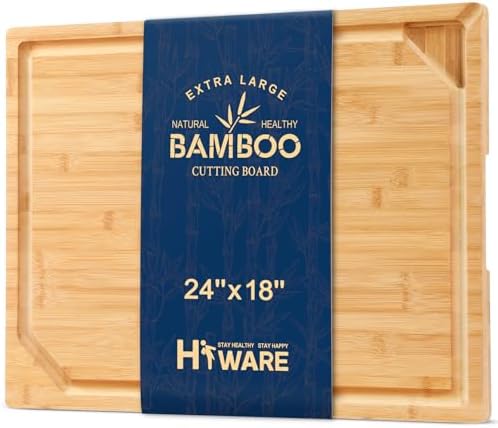 24 x 18 Extra Large Bamboo Serving Boards for Kitchen, Heavy Duty Wood Butcher Block Chopping Board with Handle and Juice Groove for Meat, Large Charcuterie Board, Over the Sink Cutting Board