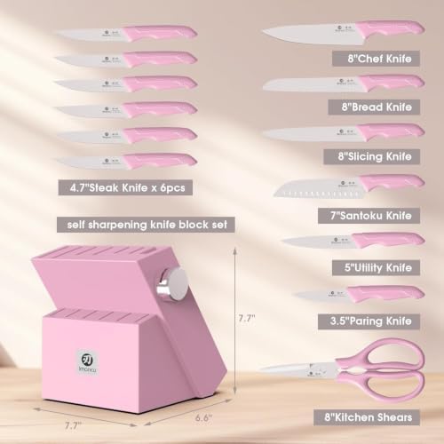 imarku Pink Kitchen Knife Set, 14-Piece Knife Set with Block and Sharpener