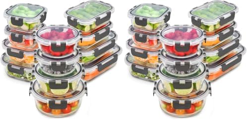 Freshware Glass StorageContainers with Lids, 24 Pieces, 12 Containers with 12 Lids, Glass Meal Prep Container for Lunch, Food StorageContainers, Leak Proof, Freezer Safe, Gray, (Pack of 2)