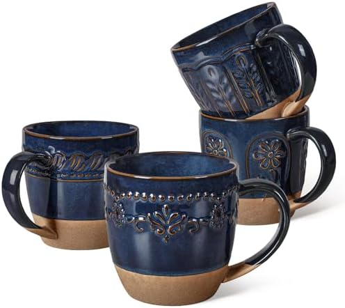 Artena Ceramic Coffee Mugs Set of 4, 16oz Embossed Large Latte Mugs Coffee Cups with Handle for Tea, Latte, Cappuccino & Cocoa, Milk Dishwasher & Microwave Safe, Blue (Multiple Patterns)