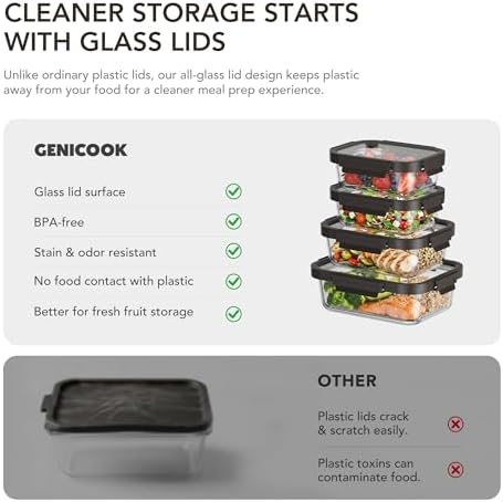 GENICOOK Glass Meal Prep Containers with Glass Lids, 4 Pack Airtight Glass Food Storage Containers, Borosilicate Glass Lunch Containers for Healthy Meal Prep, Microwave Oven Dishwasher Safe, BPA Free