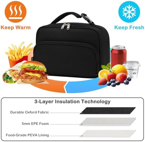 FlowFly Kids Lunch box Insulated Soft Bag Mini Cooler Back to School Thermal Meal Tote Kit for Girls, Boys,Black