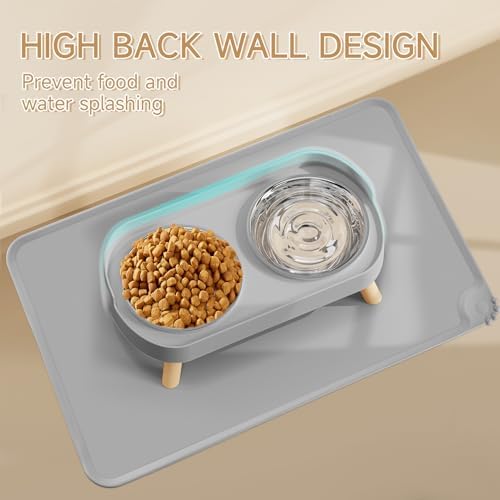Elevated Cat Bowl with Food Mat, Raised Cat Food and Water Bowl Set for Indoor Cats, Splash Proof with 2 Stainless Steel Pet Food Bowls for Cats and Puppies,Whisker Fatigue and Dishwasher Safe (Grey)
