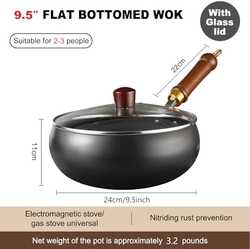 Carbon Steel Wok Pan, 9.4 INCH Nonstick Pre-Seasoned Woks & Stir-Fry Pans with Lid, No Chemical Coating Wok Flat Bottom Small Handmade Chinese Wok for Induction, Gas, Electric & All Stoves