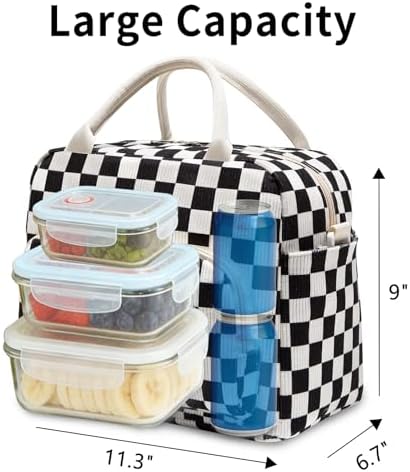 GASSDA Lunch Box for Women Insulated Lunch Bag Women Adult Cute Lunch Bags Reusable Lunchbox Cooler Tote Bag for Work Picnic (Black-White Plaid)