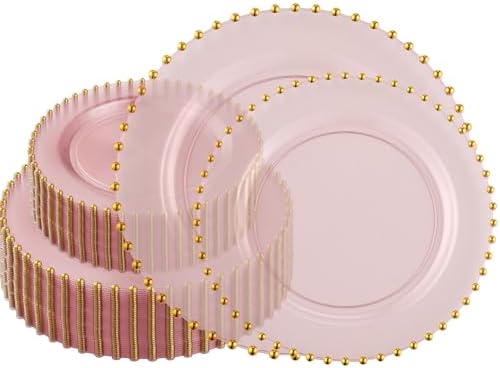 PLASTICPRO 128 Piece Combo Plastic Dinner Plates Disposable Plastic Fancy Heavy Duty Party Dishes 7 inch and 10 inch, Translucent Pink and Gold Beaded