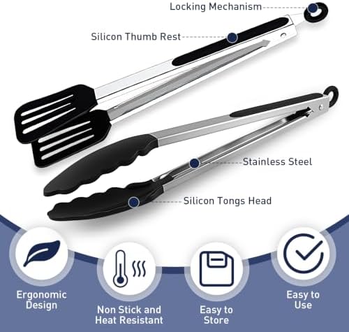 2 Pack Kitchen Tongs & 1 Shovel Clamp both with Silicone Tips,9 In