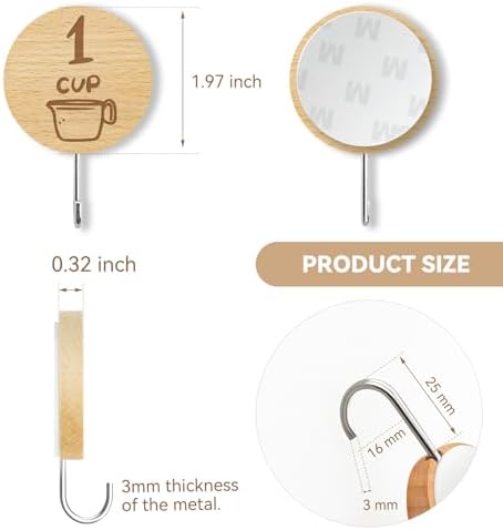 12 Pack Adhesive Wooden Hooks for Organizing Measuring Cups and Spoons
