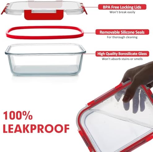 VERONES 30 Pieces Glass Food Storage Containers Set with Lids, Red