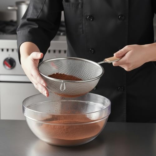 TrueCraftware- 8-Inch Double Fine Tin Mesh Strainer 6" Handle Length Wooden Handle- Kitchen Utensil Food Strainer Skimmer Spoon for Cooking Sieve Sifters Rice Quinoa Pasta Fruits Vegetable