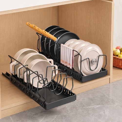 2 Pack Pots and Pans Organizer Under Cabinet, 10 Dividers Pot Lid Organizer