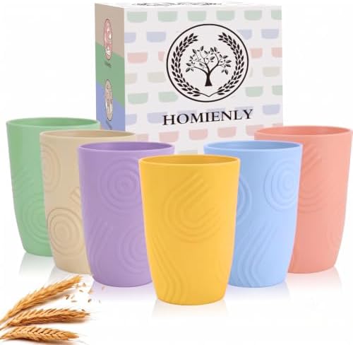 Homienly Wheat Straw Cups for Kitchen 16OZ Unbreakable Plastic Glasses Drinking Dishwasher & Microwave Safe Reusable Party Cups Camping Cup for Coke, Water, Iced Coffee, Juice Set of 6 (Multilight)