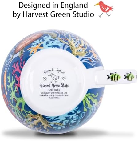 Summer Ocean Wonders Hug Mug - 20oz Deep Blue Bone China Coffee Mug with Sea Turtle, Octopus and Tropical Fish, Marine Life Themed Gift for Ocean Lovers, Designed in England by Harvest Green Studio