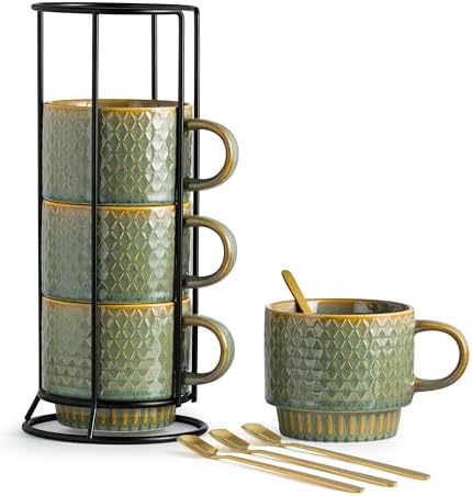 LYEOBOH Coffee Mug, Coffee Mugs Set of 4, Stackable Coffee Mugs with Rack and Spoons - 13 Oz Cup Set with Stand, Ceramic Mugs for Home & Kitchen, Blue and Green