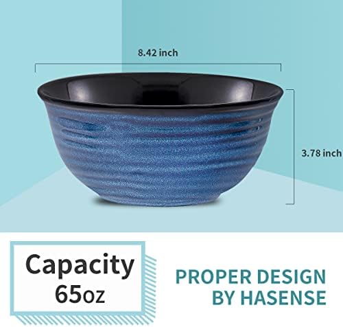 HASENSE Serving Bowls, 60 Ounces Ceramic Salad Pasta Soup Bowls, 8.5 inch Large Bowls for Kitchen Ramen Pho Fruit Cereal Popcorn, Microwave and Dishwasher Safe, Set of 2, Blue