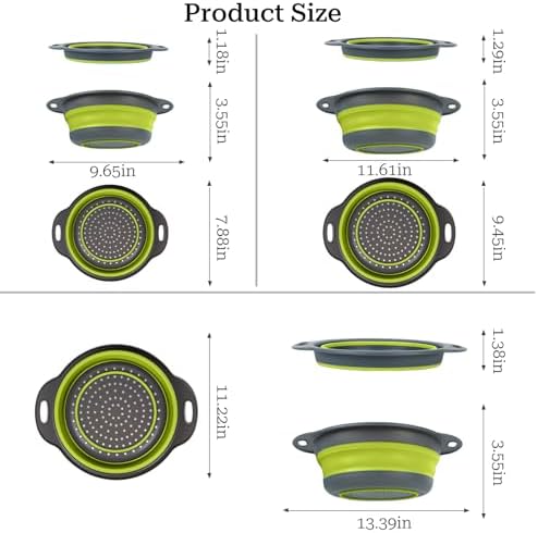 Collapsible Colander 3-Pack Set Space-Saving Foldable Kitchen Strainer with Non-Slip Base Durable Thickened PP+TPE Collapsible Strainers for Pasta, Vegetables, Fruits (Gray-Green)