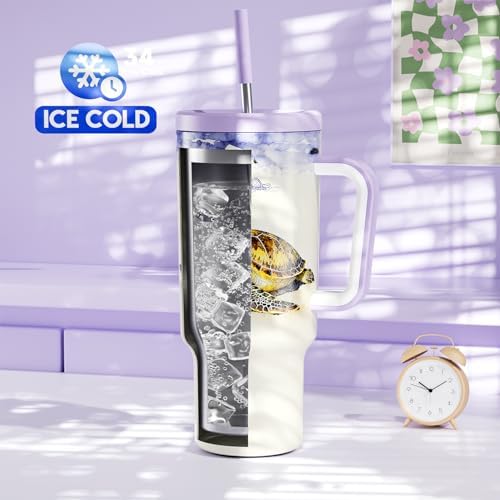 Meoky 40 oz Tumbler with Handle and Straw: Stainless Steel Insulated Tumbler with Lid and Straw - 100% Leak Proof Tumbler for Car Cup Holders - Travelers Commuters Workers, Sea Turtle
