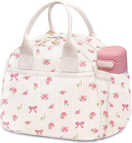 Carry bloom Lunch Box for Women, Insulated Lunch Bag Cute Corduroy Lunchbag Reusable Lunchbox for Work (flower bow beige)