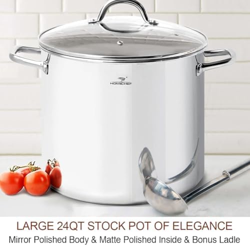 HOMICHEF LARGE STOCK POT 24 Quart With Lid - Nickel Free Stainless Steel Cookware Stockpot 24 Quart - Healthy Cookware Polished Stockpots - Heavy Duty Induction Pot Soup Pot With Lid