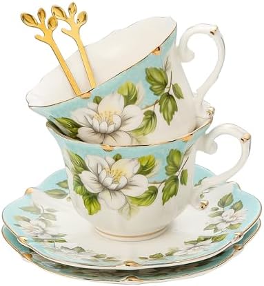 TATSUMI Country Roses Bone China Tea Cup and Saucer Set, 6 Pieces, Vintage Style, For Women and Tea Parties(Light Green, 2 sets)