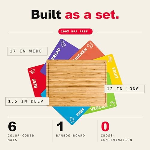 Bamboo Cutting Board Set with 6 Mats, Wood Cutting Boards for Kitchen